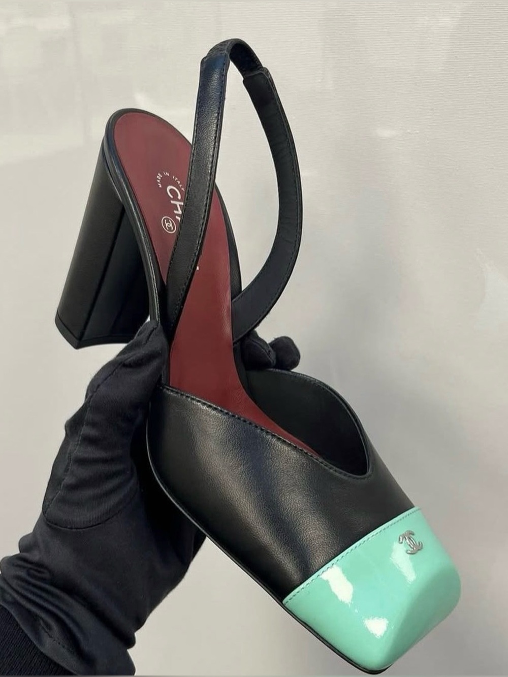 Chanel 26S Blazy Black Minty Green Square Cap Toe Sling Slingback Heel 37.5